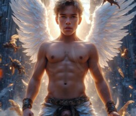 AI-generated wizards of the lion house — handsome shirtless mages of the wizard academy conjuring great white lions in cinematic UHD fantasy art.