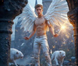 AI-generated wizards of the lion house — handsome shirtless mages of the wizard academy conjuring great white lions in cinematic UHD fantasy art.