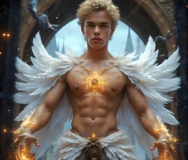 AI-generated wizards of the lion house — handsome shirtless mages of the wizard academy conjuring great white lions in cinematic UHD fantasy art.