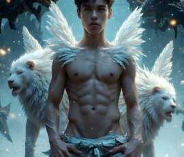 AI-generated wizards of the lion house — handsome shirtless mages of the wizard academy conjuring great white lions in cinematic UHD fantasy art.