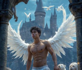 AI-generated wizards of the lion house — handsome shirtless mages of the wizard academy conjuring great white lions in cinematic UHD fantasy art.
