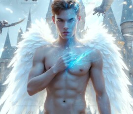 AI-generated wizards of the lion house — handsome shirtless mages of the wizard academy conjuring great white lions in cinematic UHD fantasy art.