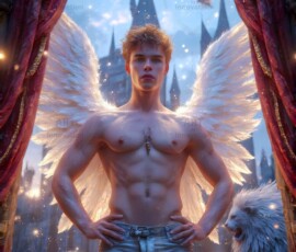 AI-generated wizards of the lion house — handsome shirtless mages of the wizard academy conjuring great white lions in cinematic UHD fantasy art.