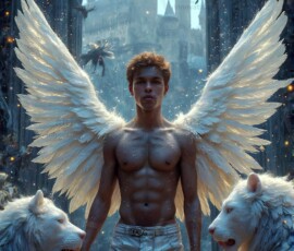 AI-generated wizards of the lion house — handsome shirtless mages of the wizard academy conjuring great white lions in cinematic UHD fantasy art.