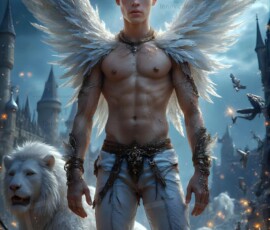 AI-generated wizards of the lion house — handsome shirtless mages of the wizard academy conjuring great white lions in cinematic UHD fantasy art.