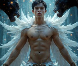 AI-generated wizards of the lion house — handsome shirtless mages of the wizard academy conjuring great white lions in cinematic UHD fantasy art.