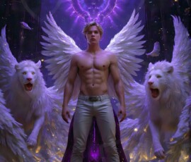 AI-generated wizards of the lion house — handsome shirtless mages of the wizard academy conjuring great white lions in cinematic UHD fantasy art.