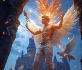 AI-generated wizards of the lion house — handsome shirtless mages of the wizard academy conjuring great white lions in cinematic UHD fantasy art.