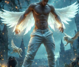 AI-generated wizards of the lion house — handsome shirtless mages of the wizard academy conjuring great white lions in cinematic UHD fantasy art.