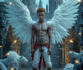 AI-generated wizards of the lion house — handsome shirtless mages of the wizard academy conjuring great white lions in cinematic UHD fantasy art.