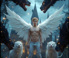 AI-generated wizards of the lion house — handsome shirtless mages of the wizard academy conjuring great white lions in cinematic UHD fantasy art.