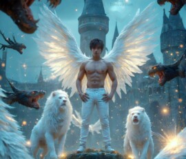 AI-generated wizards of the lion house — handsome shirtless mages of the wizard academy conjuring great white lions in cinematic UHD fantasy art.