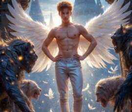 AI-generated wizards of the lion house — handsome shirtless mages of the wizard academy conjuring great white lions in cinematic UHD fantasy art.