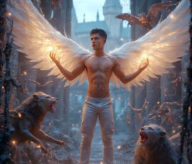 AI-generated wizards of the lion house — handsome shirtless mages of the wizard academy conjuring great white lions in cinematic UHD fantasy art.