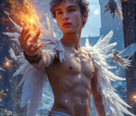 AI-generated wizards of the lion house — handsome shirtless mages of the wizard academy conjuring great white lions in cinematic UHD fantasy art.