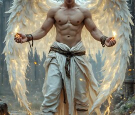 AI-generated wizards of the lion house — handsome shirtless mages of the wizard academy conjuring great white lions in cinematic UHD fantasy art.