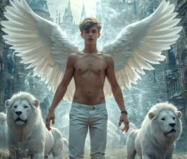AI-generated wizards of the lion house — handsome shirtless mages of the wizard academy conjuring great white lions in cinematic UHD fantasy art.