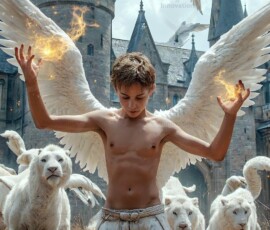 AI-generated wizards of the lion house — handsome shirtless mages of the wizard academy conjuring great white lions in cinematic UHD fantasy art.