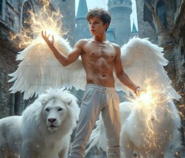 AI-generated wizards of the lion house — handsome shirtless mages of the wizard academy conjuring great white lions in cinematic UHD fantasy art.