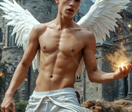 AI-generated wizards of the lion house — handsome shirtless mages of the wizard academy conjuring great white lions in cinematic UHD fantasy art.
