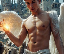 AI-generated wizards of the lion house — handsome shirtless mages of the wizard academy conjuring great white lions in cinematic UHD fantasy art.