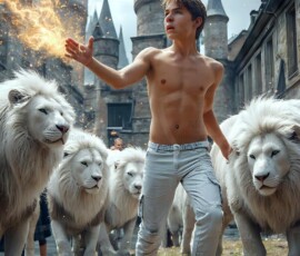AI-generated wizards of the lion house — handsome shirtless mages of the wizard academy conjuring great white lions in cinematic UHD fantasy art.