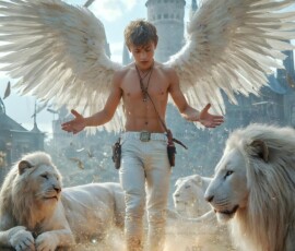 AI-generated wizards of the lion house — handsome shirtless mages of the wizard academy conjuring great white lions in cinematic UHD fantasy art.