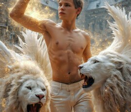 AI-generated wizards of the lion house — handsome shirtless mages of the wizard academy conjuring great white lions in cinematic UHD fantasy art.