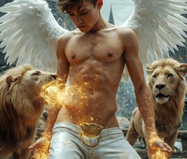 AI-generated wizards of the lion house — handsome shirtless mages of the wizard academy conjuring great white lions in cinematic UHD fantasy art.