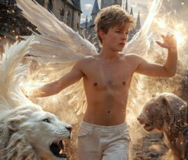 AI-generated wizards of the lion house — handsome shirtless mages of the wizard academy conjuring great white lions in cinematic UHD fantasy art.