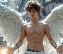 AI-generated wizards of the lion house — handsome shirtless mages of the wizard academy conjuring great white lions in cinematic UHD fantasy art.