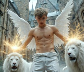 AI-generated wizards of the lion house — handsome shirtless mages of the wizard academy conjuring great white lions in cinematic UHD fantasy art.