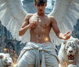 AI-generated wizards of the lion house — handsome shirtless mages of the wizard academy conjuring great white lions in cinematic UHD fantasy art.