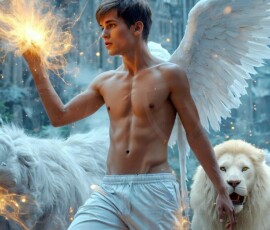 AI-generated wizards of the lion house — handsome shirtless mages of the wizard academy conjuring great white lions in cinematic UHD fantasy art.