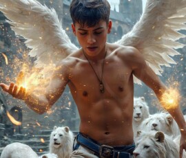 AI-generated wizards of the lion house — handsome shirtless mages of the wizard academy conjuring great white lions in cinematic UHD fantasy art.