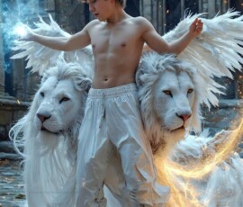 AI-generated wizards of the lion house — handsome shirtless mages of the wizard academy conjuring great white lions in cinematic UHD fantasy art.