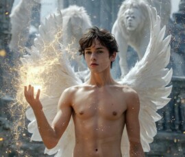 AI-generated wizards of the lion house — handsome shirtless mages of the wizard academy conjuring great white lions in cinematic UHD fantasy art.
