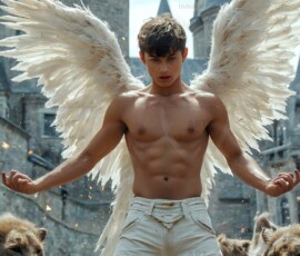 AI-generated wizards of the lion house — handsome shirtless mages of the wizard academy conjuring great white lions in cinematic UHD fantasy art.