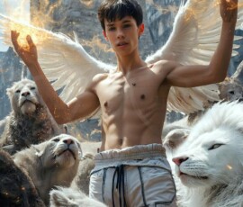 AI-generated wizards of the lion house — handsome shirtless mages of the wizard academy conjuring great white lions in cinematic UHD fantasy art.