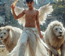 AI-generated wizards of the lion house — handsome shirtless mages of the wizard academy conjuring great white lions in cinematic UHD fantasy art.