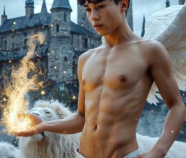 AI-generated wizards of the lion house — handsome shirtless mages of the wizard academy conjuring great white lions in cinematic UHD fantasy art.