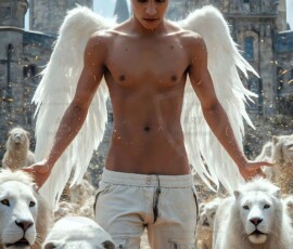 AI-generated wizards of the lion house — handsome shirtless mages of the wizard academy conjuring great white lions in cinematic UHD fantasy art.