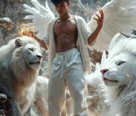 AI-generated wizards of the lion house — handsome shirtless mages of the wizard academy conjuring great white lions in cinematic UHD fantasy art.