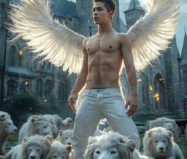 AI-generated wizards of the lion house — handsome shirtless mages of the wizard academy conjuring great white lions in cinematic UHD fantasy art.