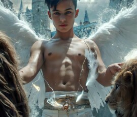 AI-generated wizards of the lion house — handsome shirtless mages of the wizard academy conjuring great white lions in cinematic UHD fantasy art.