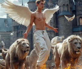 AI-generated wizards of the lion house — handsome shirtless mages of the wizard academy conjuring great white lions in cinematic UHD fantasy art.