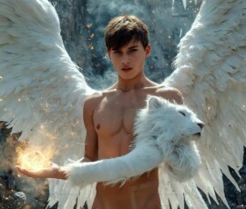 AI-generated wizards of the lion house — handsome shirtless mages of the wizard academy conjuring great white lions in cinematic UHD fantasy art.