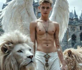 AI-generated wizards of the lion house — handsome shirtless mages of the wizard academy conjuring great white lions in cinematic UHD fantasy art.