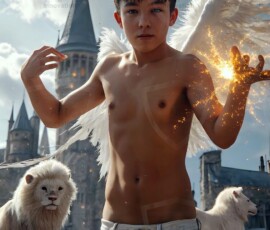 AI-generated wizards of the lion house — handsome shirtless mages of the wizard academy conjuring great white lions in cinematic UHD fantasy art.