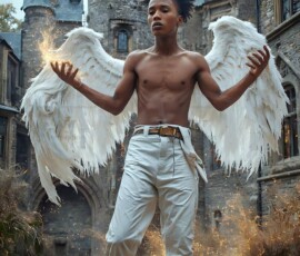 AI-generated wizards of the lion house — handsome shirtless mages of the wizard academy conjuring great white lions in cinematic UHD fantasy art.